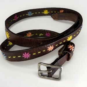 Dockers Embroidered Floral Thin Belt Size M Genuine Leather Brown Boho Hippy